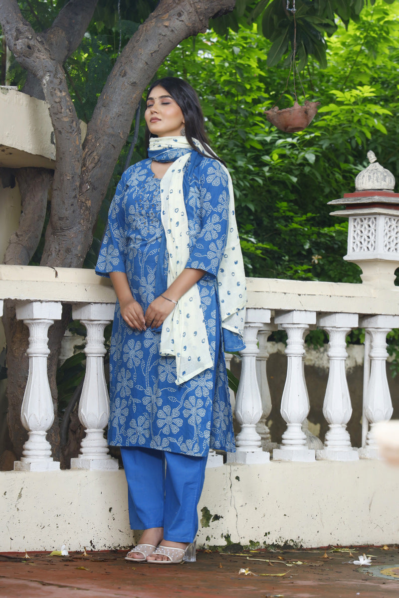 Festive Wear Jaipuri Cotton Suit Set for Women – Kurta, Pant & Dupatta- House Of The Handblock
