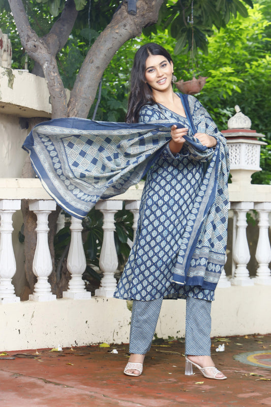 Festive Wear Jaipuri Cotton Suit Set for Women – Kurta, Pant & Dupatta- House Of The Handblock