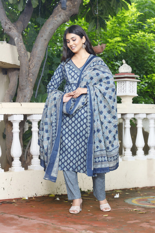 Festive Wear Jaipuri Cotton Suit Set for Women – Kurta, Pant & Dupatta- House Of The Handblock