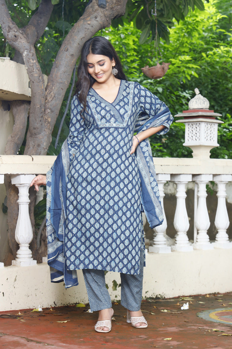 Festive Wear Jaipuri Cotton Suit Set for Women – Kurta, Pant & Dupatta- House Of The Handblock