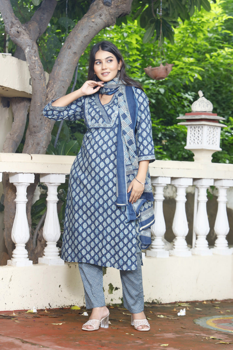 Festive Wear Jaipuri Cotton Suit Set for Women – Kurta, Pant & Dupatta- House Of The Handblock