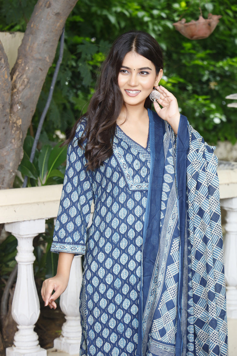 Festive Wear Jaipuri Cotton Suit Set for Women – Kurta, Pant & Dupatta- House Of The Handblock