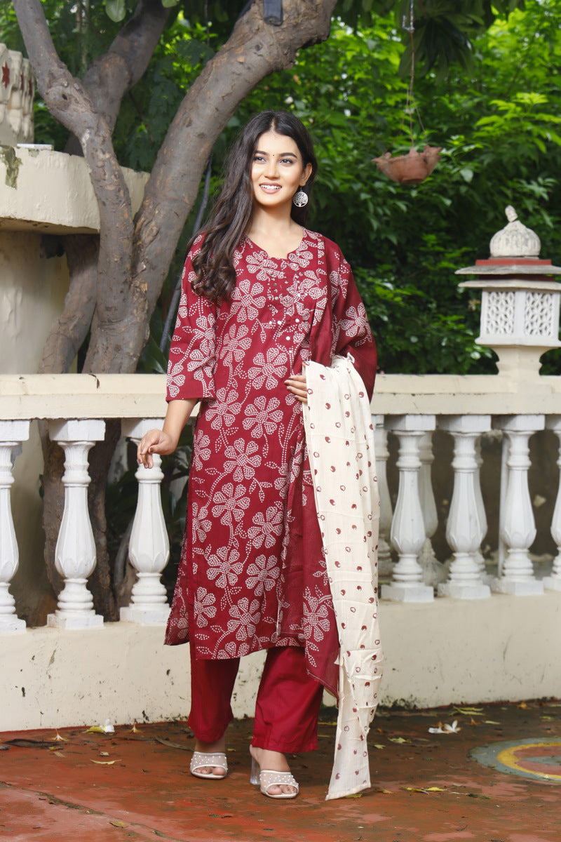 Festive Wear Jaipuri Cotton Suit Set for Women – Kurta, Pant & Dupatta- House Of The Handblock