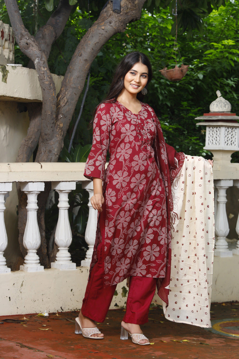 Festive Wear Jaipuri Cotton Suit Set for Women – Kurta, Pant & Dupatta- House Of The Handblock