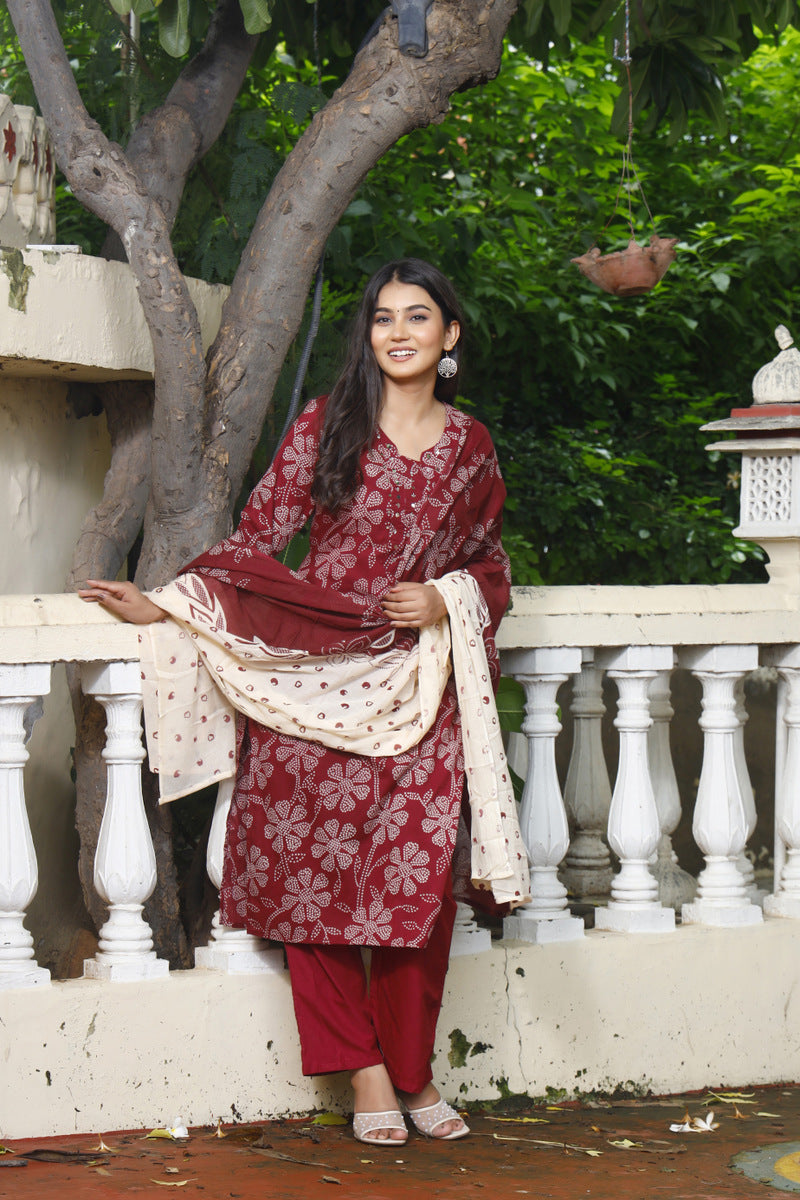 Festive Wear Jaipuri Cotton Suit Set for Women – Kurta, Pant & Dupatta- House Of The Handblock