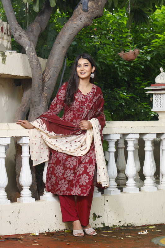 Festive Wear Jaipuri Cotton Suit Set for Women – Kurta, Pant & Dupatta- House Of The Handblock