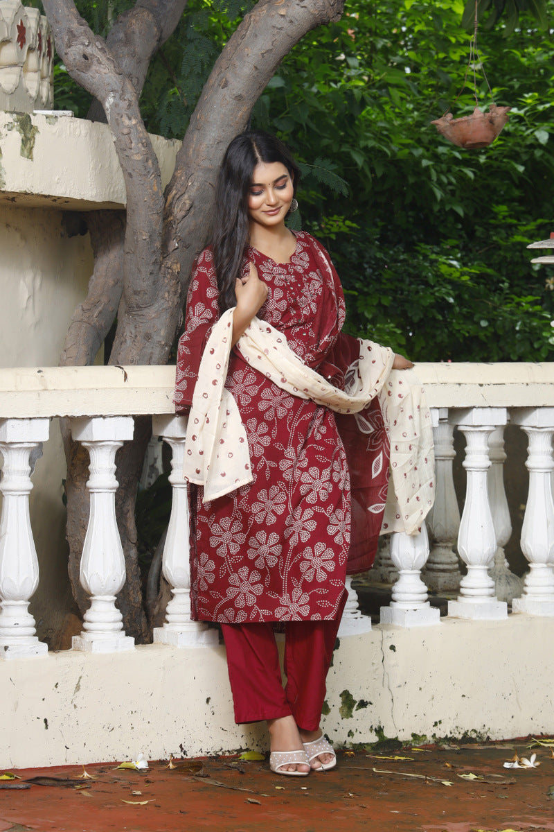 Festive Wear Jaipuri Cotton Suit Set for Women – Kurta, Pant & Dupatta- House Of The Handblock