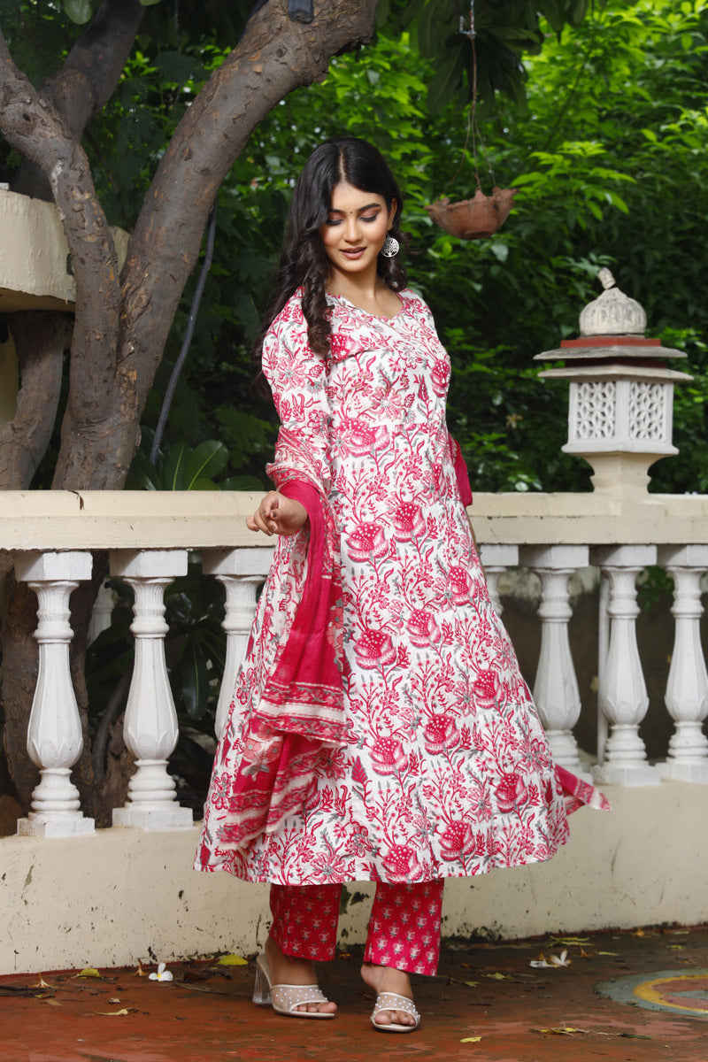 Festive Wear Jaipuri Cotton Suit Set for Women – Kurta, Pant & Dupatta- House Of The Handblock