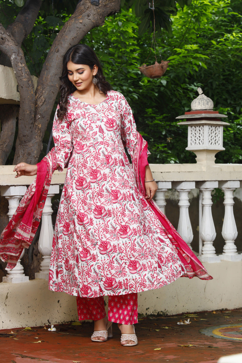 Festive Wear Jaipuri Cotton Suit Set for Women – Kurta, Pant & Dupatta- House Of The Handblock