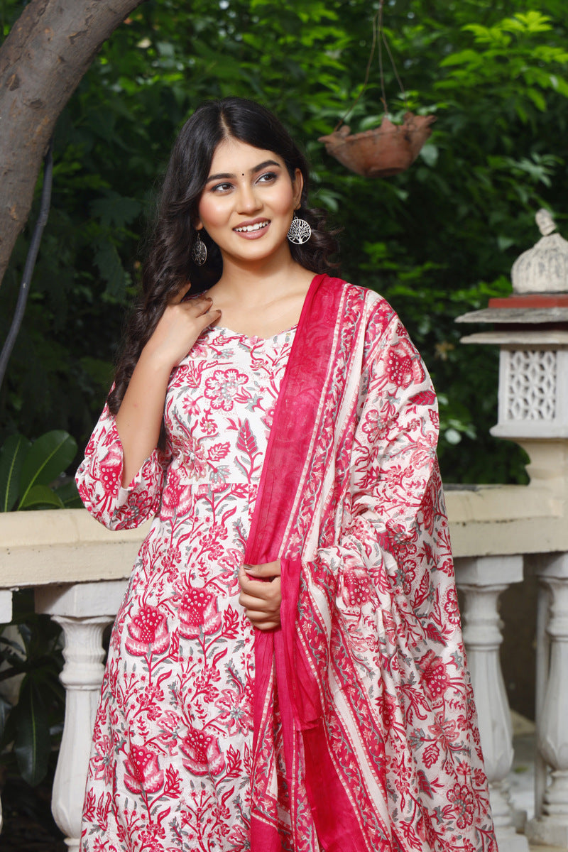 Festive Wear Jaipuri Cotton Suit Set for Women – Kurta, Pant & Dupatta- House Of The Handblock