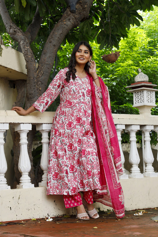 Festive Wear Jaipuri Cotton Suit Set for Women – Kurta, Pant & Dupatta- House Of The Handblock