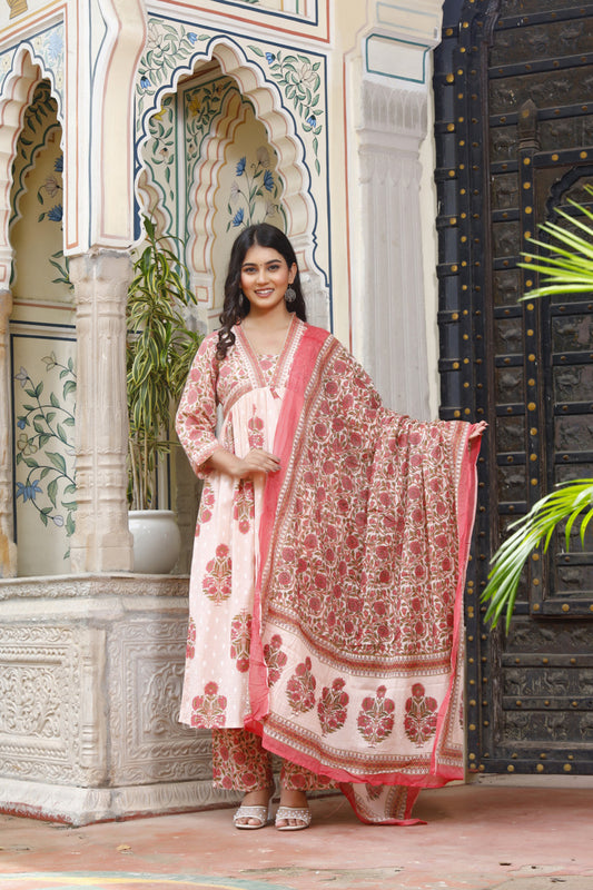 Festive Wear Jaipuri Cotton Suit Set for Women – Kurta, Pant & Dupatta- House Of The Handblock