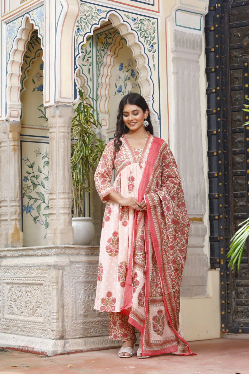 Festive Wear Jaipuri Cotton Suit Set for Women – Kurta, Pant & Dupatta- House Of The Handblock