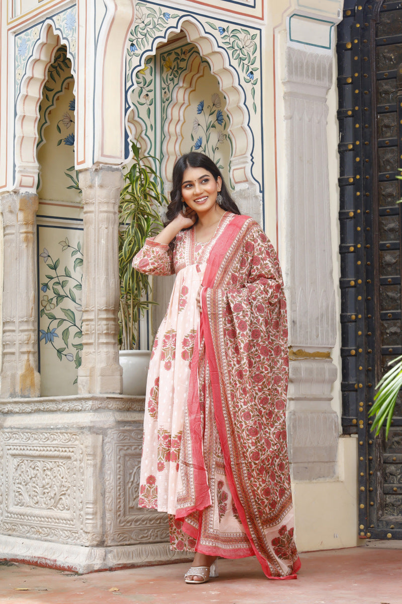 Festive Wear Jaipuri Cotton Suit Set for Women – Kurta, Pant & Dupatta- House Of The Handblock