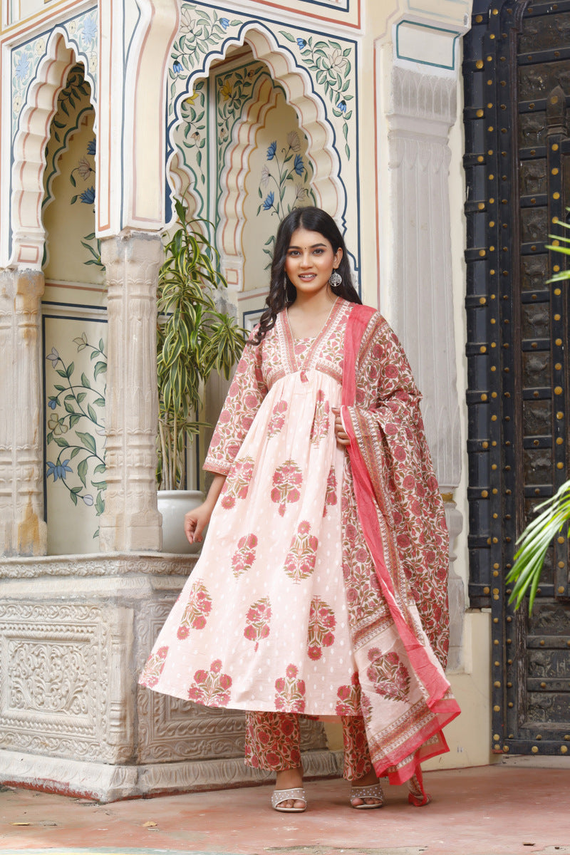 Festive Wear Jaipuri Cotton Suit Set for Women – Kurta, Pant & Dupatta- House Of The Handblock