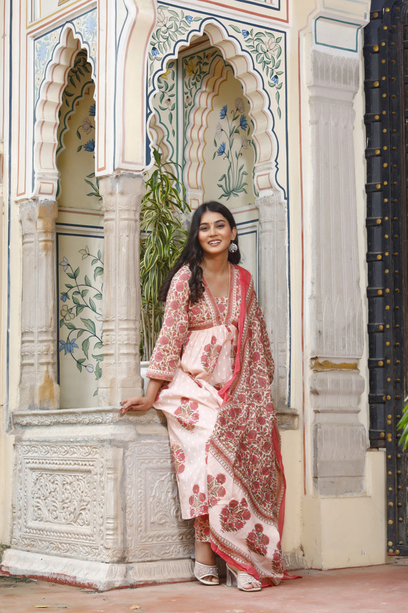 Festive Wear Jaipuri Cotton Suit Set for Women – Kurta, Pant & Dupatta- House Of The Handblock