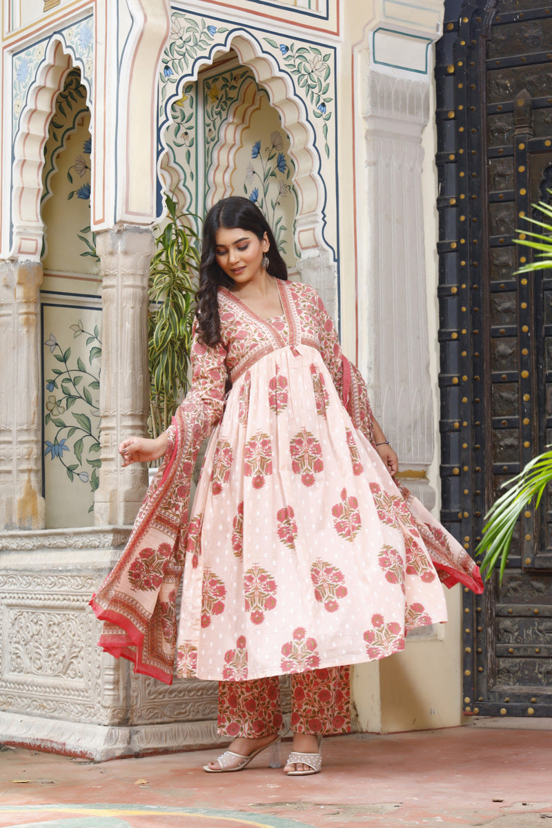 Festive Wear Jaipuri Cotton Suit Set for Women – Kurta, Pant & Dupatta- House Of The Handblock