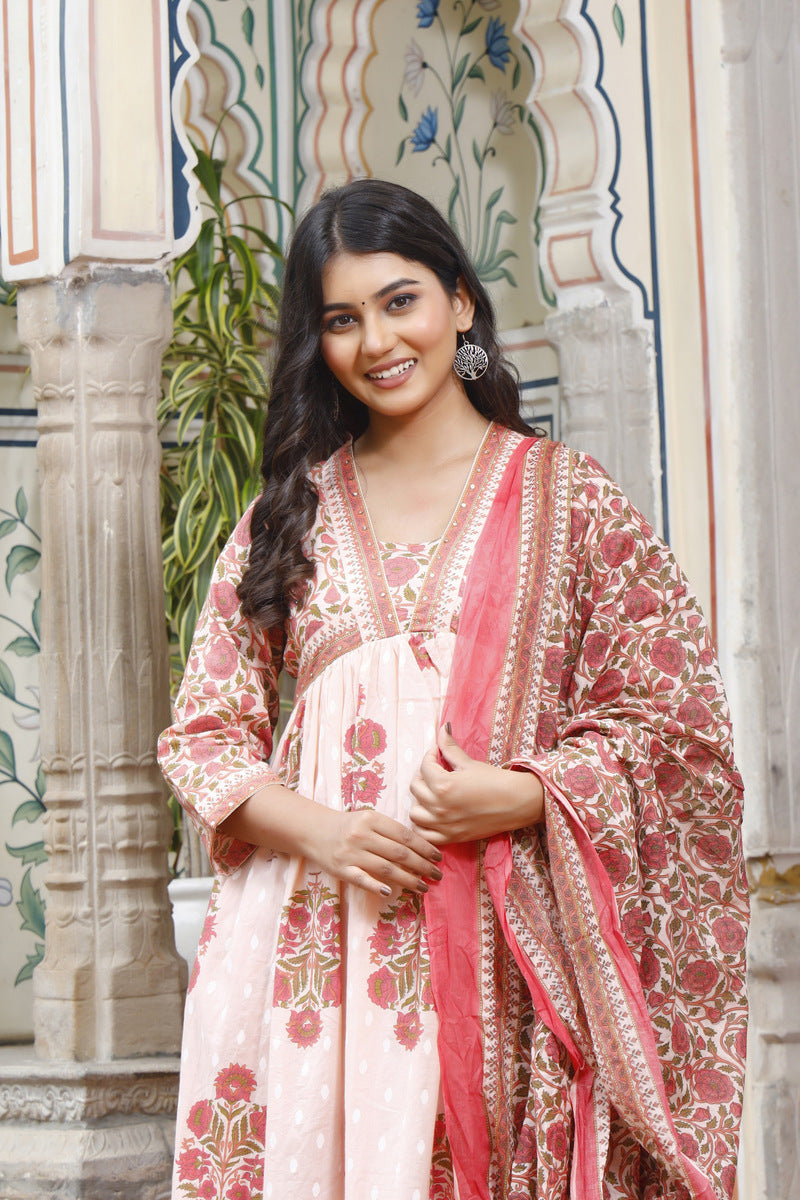 Festive Wear Jaipuri Cotton Suit Set for Women – Kurta, Pant & Dupatta- House Of The Handblock