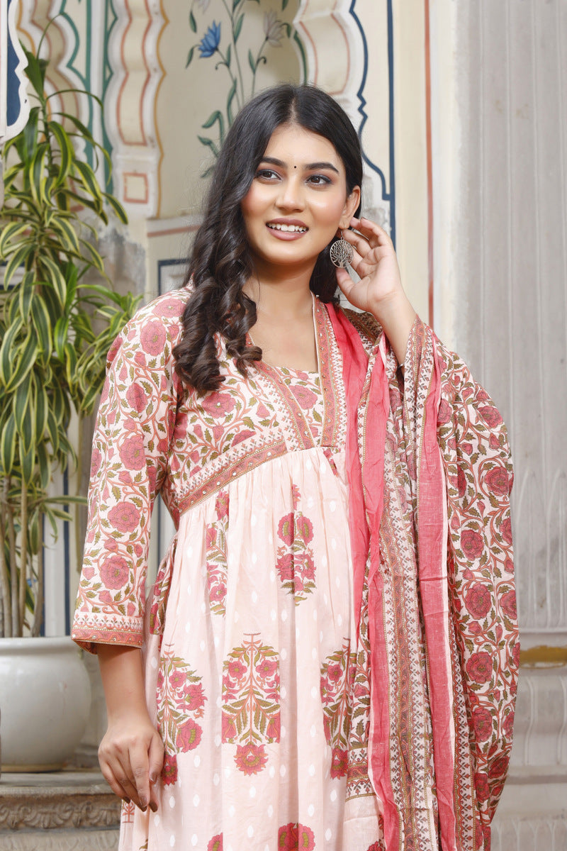Festive Wear Jaipuri Cotton Suit Set for Women – Kurta, Pant & Dupatta- House Of The Handblock