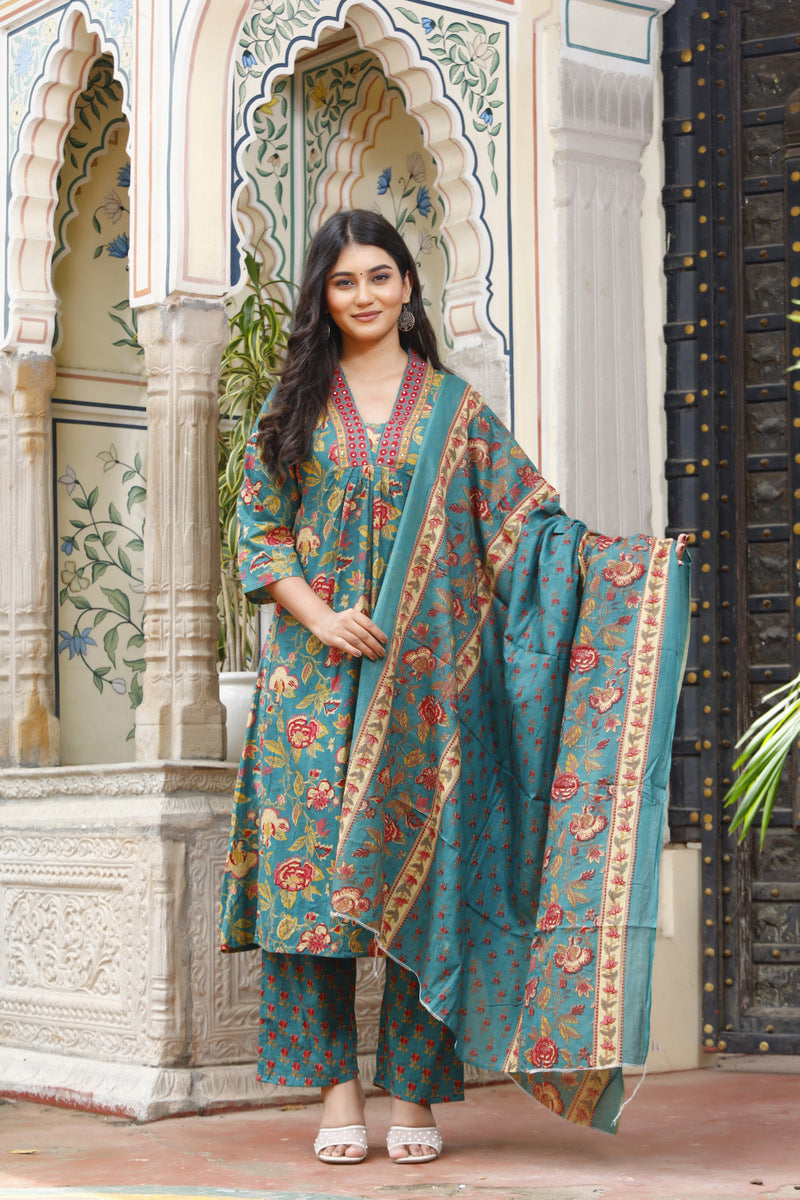 Festive Wear Jaipuri Cotton Suit Set for Women – Kurta, Pant & Dupatta- House Of The Handblock