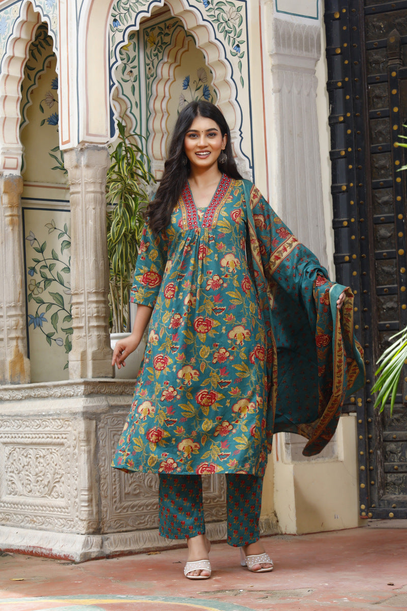 Festive Wear Jaipuri Cotton Suit Set for Women – Kurta, Pant & Dupatta- House Of The Handblock