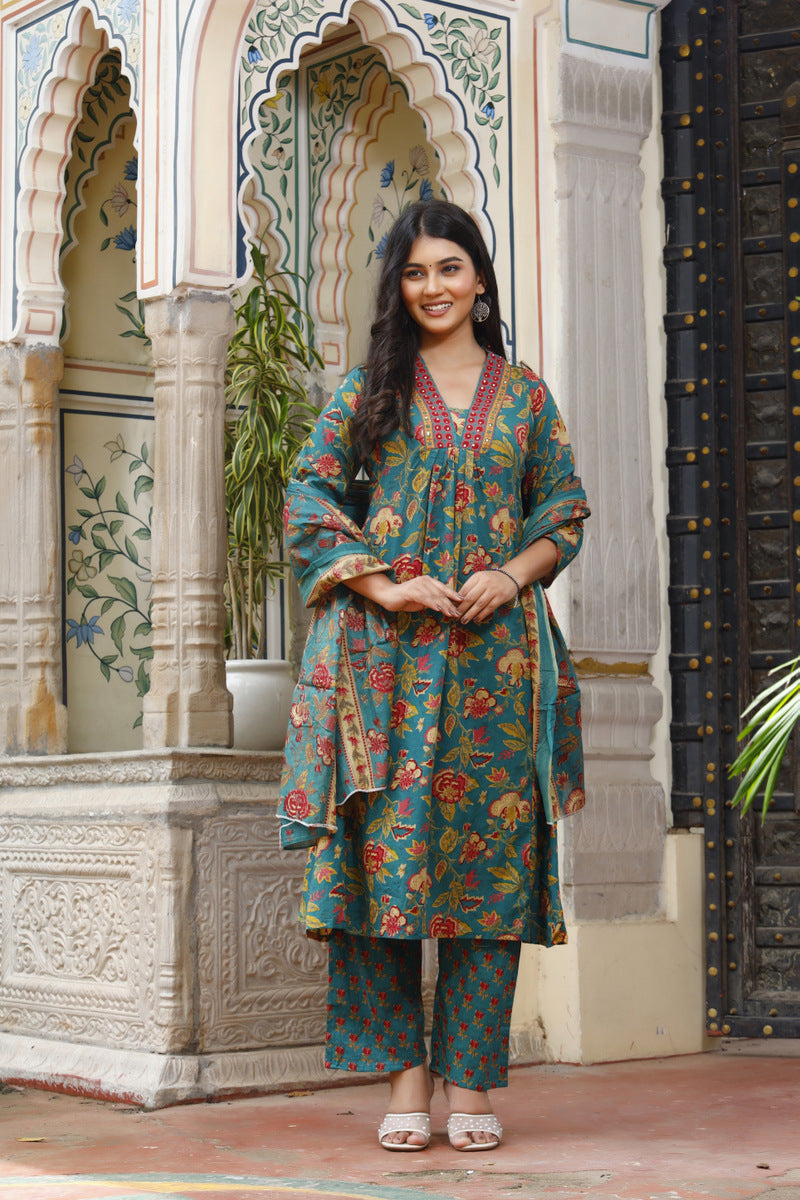 Festive Wear Jaipuri Cotton Suit Set for Women – Kurta, Pant & Dupatta- House Of The Handblock