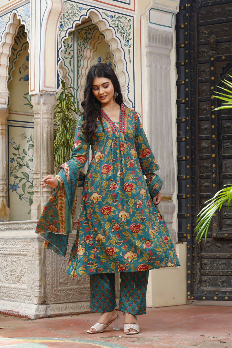 Festive Wear Jaipuri Cotton Suit Set for Women – Kurta, Pant & Dupatta- House Of The Handblock