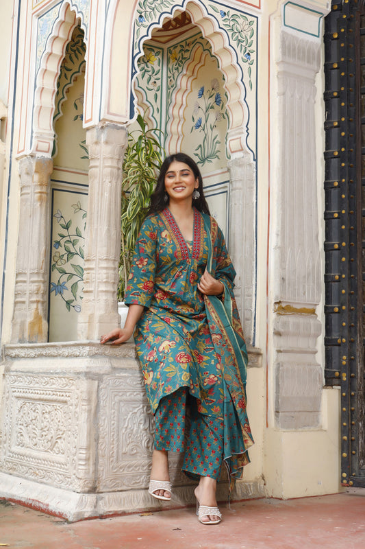 Festive Wear Jaipuri Cotton Suit Set for Women – Kurta, Pant & Dupatta- House Of The Handblock