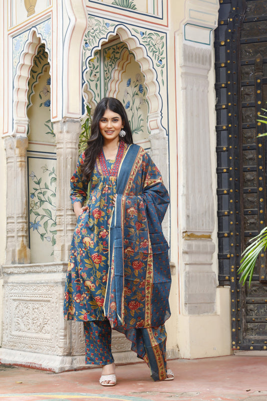 Festive Wear Jaipuri Cotton Suit Set for Women – Kurta, Pant & Dupatta- House Of The Handblock
