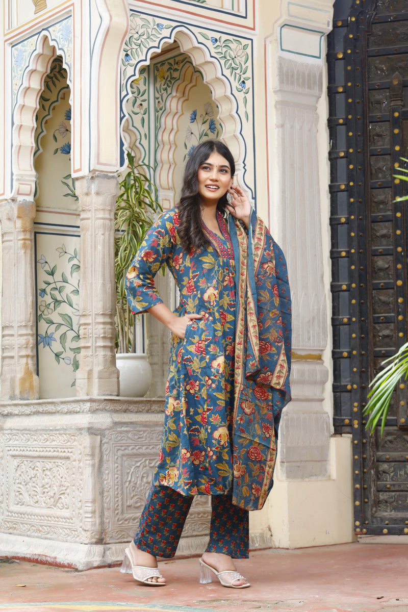 Festive Wear Jaipuri Cotton Suit Set for Women – Kurta, Pant & Dupatta- House Of The Handblock