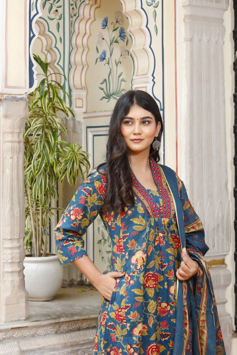 Festive Wear Jaipuri Cotton Suit Set for Women – Kurta, Pant & Dupatta- House Of The Handblock