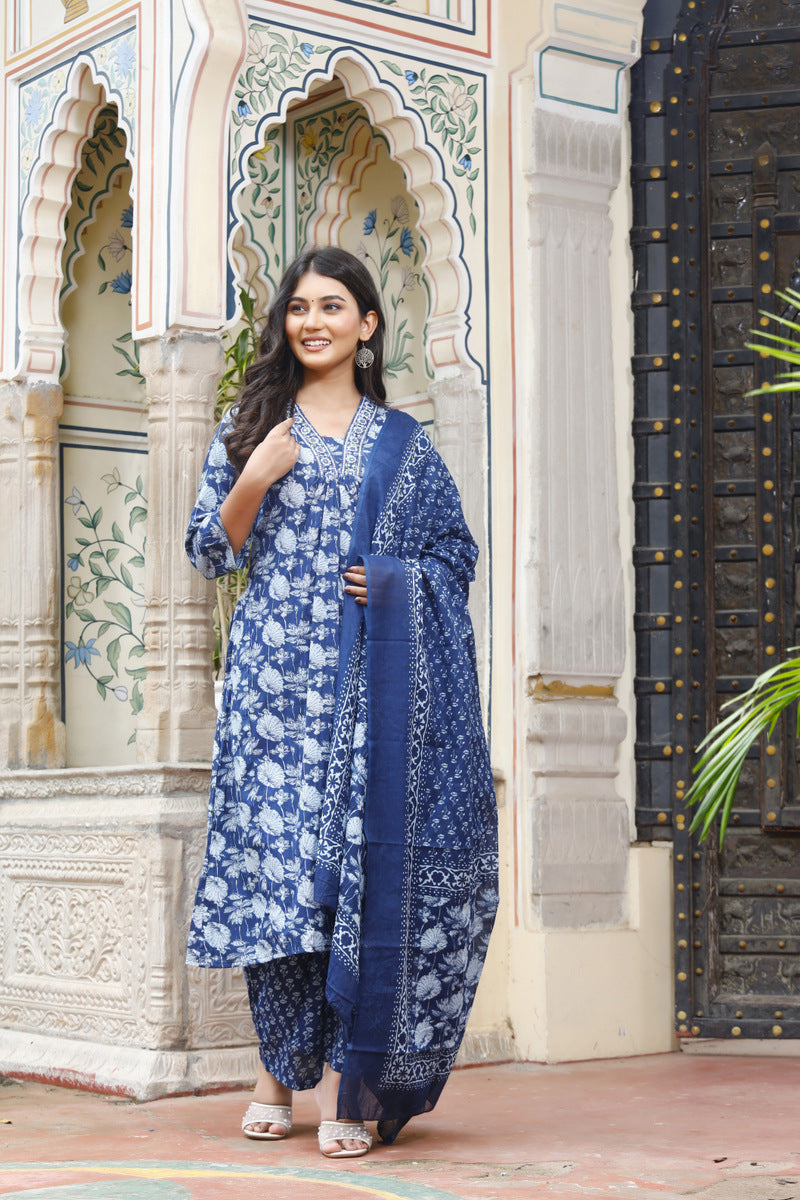 Festive Wear Jaipuri Cotton Suit Set for Women – Kurta, Pant & Dupatta- House Of The Handblock