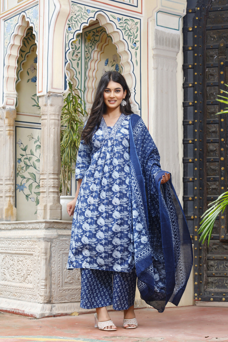Festive Wear Jaipuri Cotton Suit Set for Women – Kurta, Pant & Dupatta- House Of The Handblock