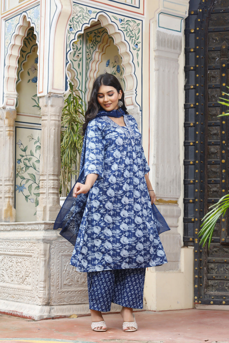 Festive Wear Jaipuri Cotton Suit Set for Women – Kurta, Pant & Dupatta- House Of The Handblock