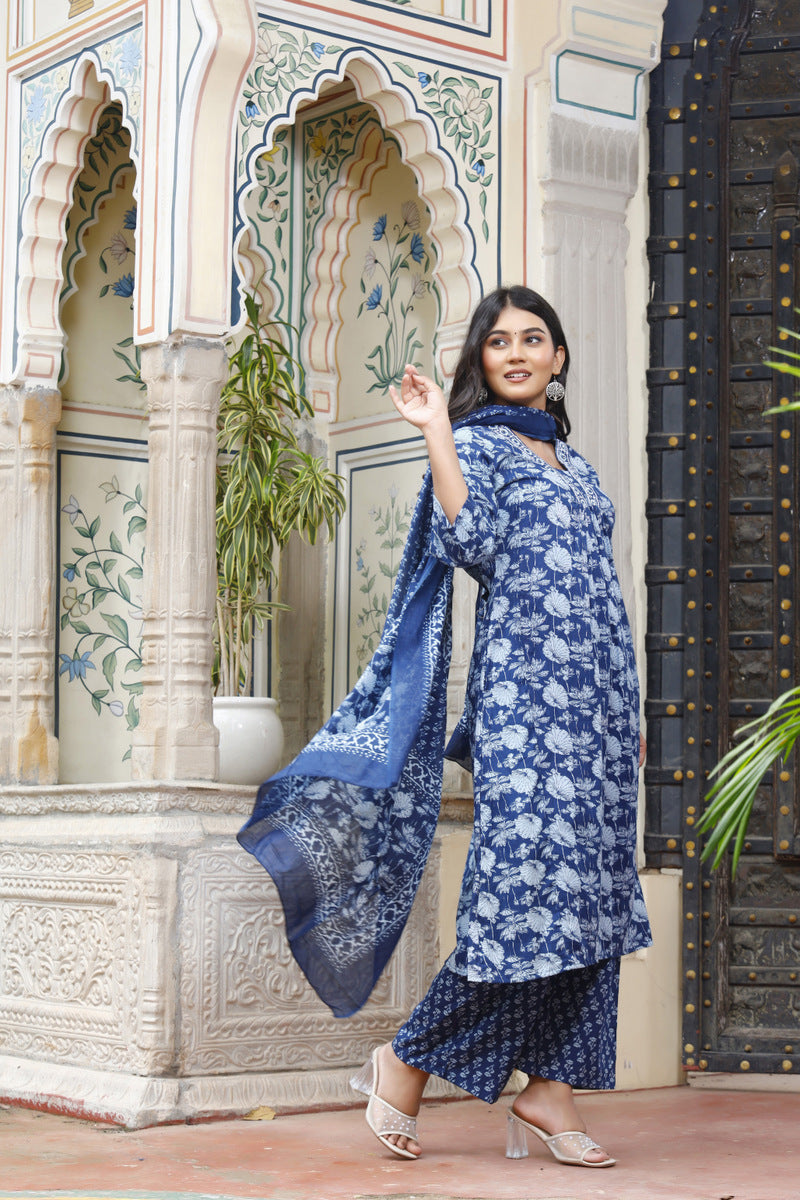 Festive Wear Jaipuri Cotton Suit Set for Women – Kurta, Pant & Dupatta- House Of The Handblock
