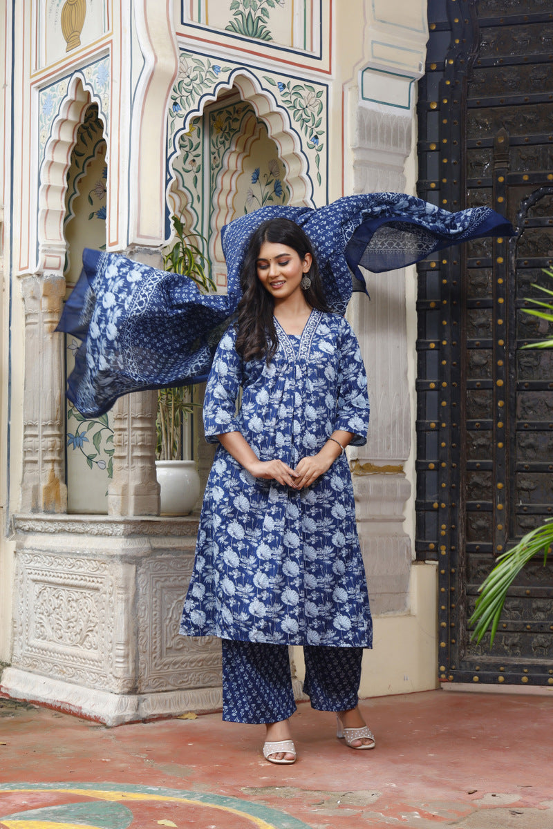 Festive Wear Jaipuri Cotton Suit Set for Women – Kurta, Pant & Dupatta- House Of The Handblock