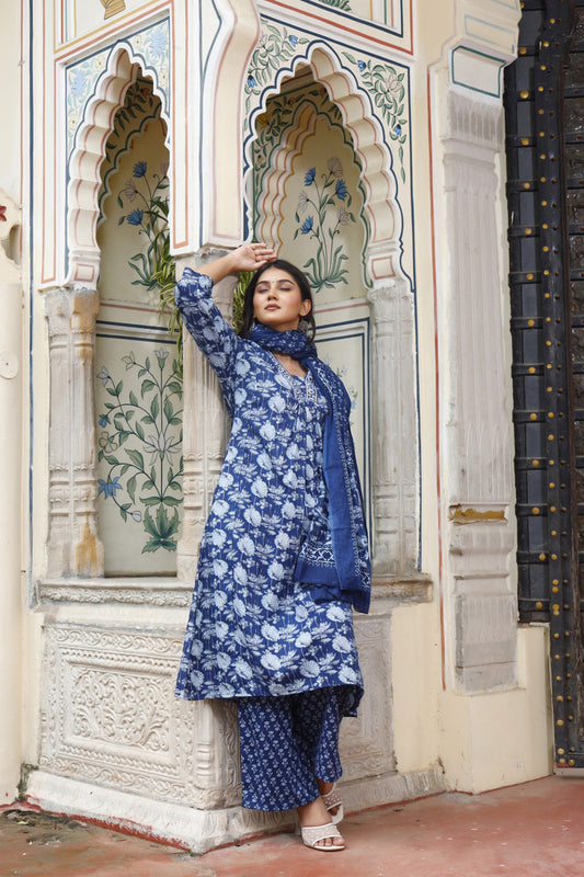 Festive Wear Jaipuri Cotton Suit Set for Women – Kurta, Pant & Dupatta- House Of The Handblock
