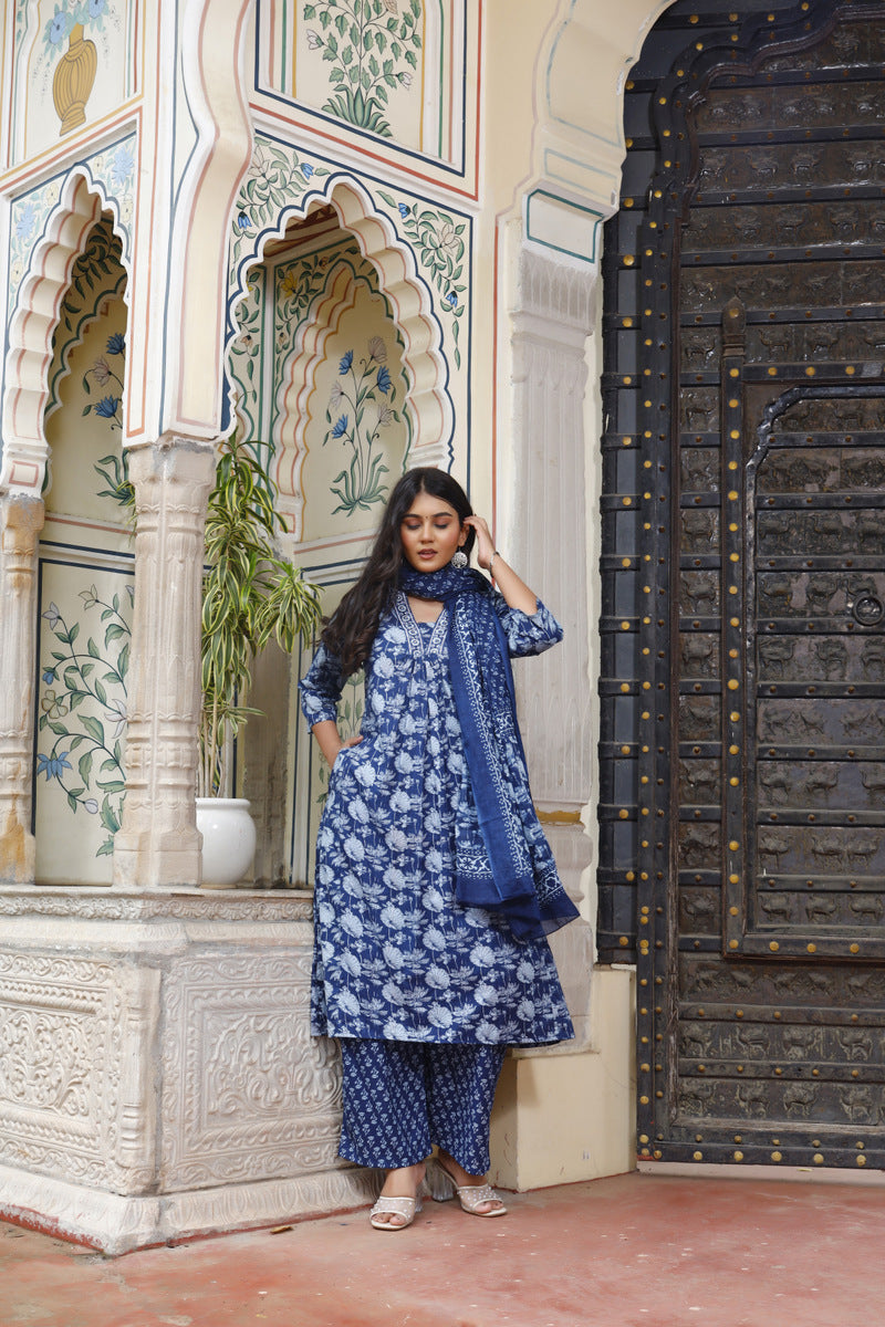 Festive Wear Jaipuri Cotton Suit Set for Women – Kurta, Pant & Dupatta- House Of The Handblock