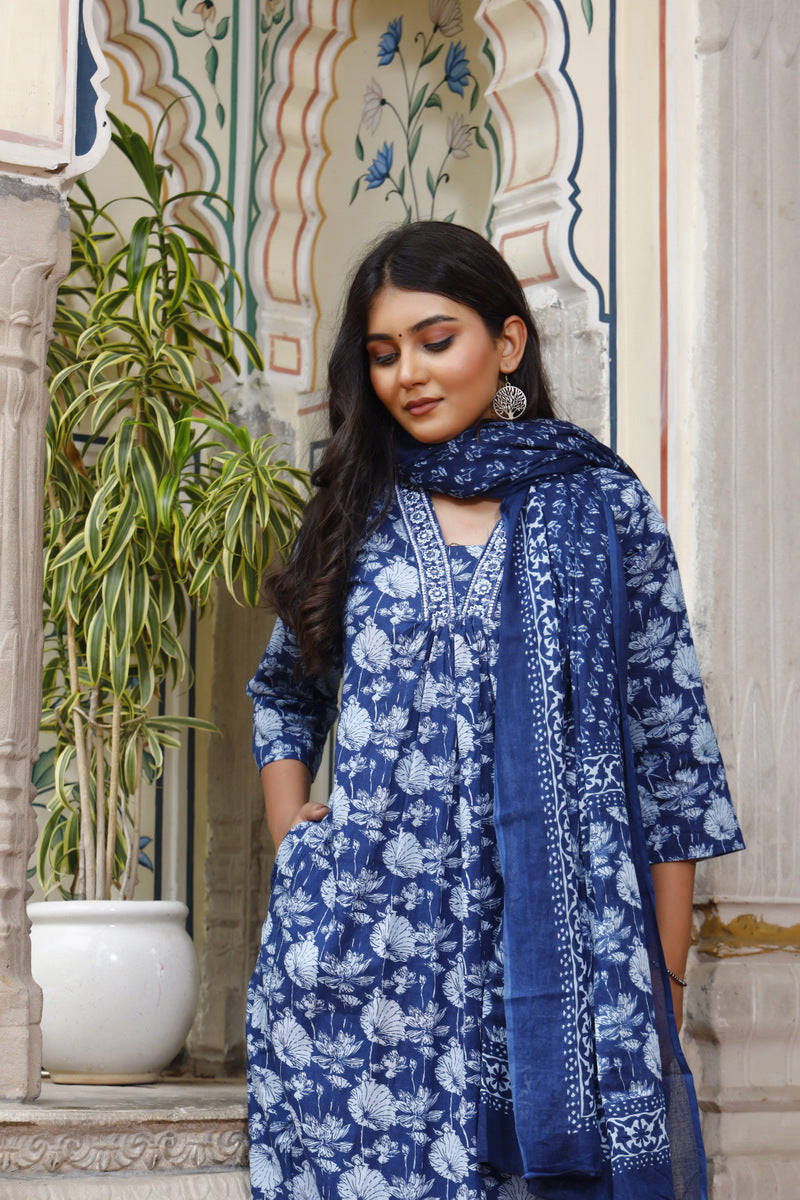 Festive Wear Jaipuri Cotton Suit Set for Women – Kurta, Pant & Dupatta- House Of The Handblock