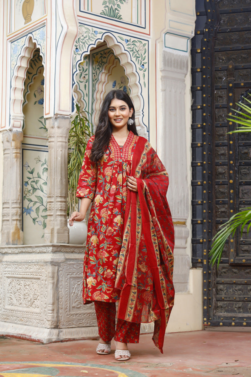 Festive Wear Jaipuri Cotton Suit Set for Women – Kurta, Pant & Dupatta- House Of The Handblock