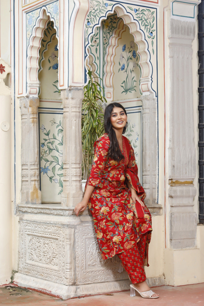Festive Wear Jaipuri Cotton Suit Set for Women – Kurta, Pant & Dupatta- House Of The Handblock
