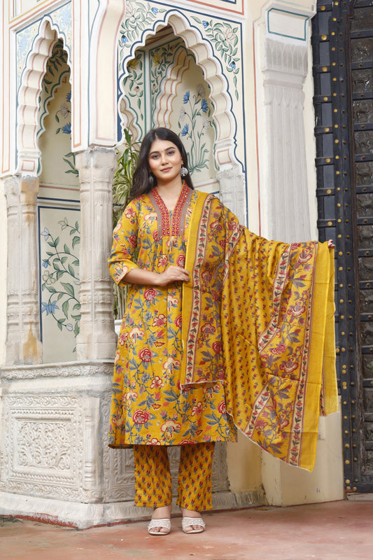 Festive Wear Jaipuri Cotton Suit Set for Women – Kurta, Pant & Dupatta- House Of The Handblock