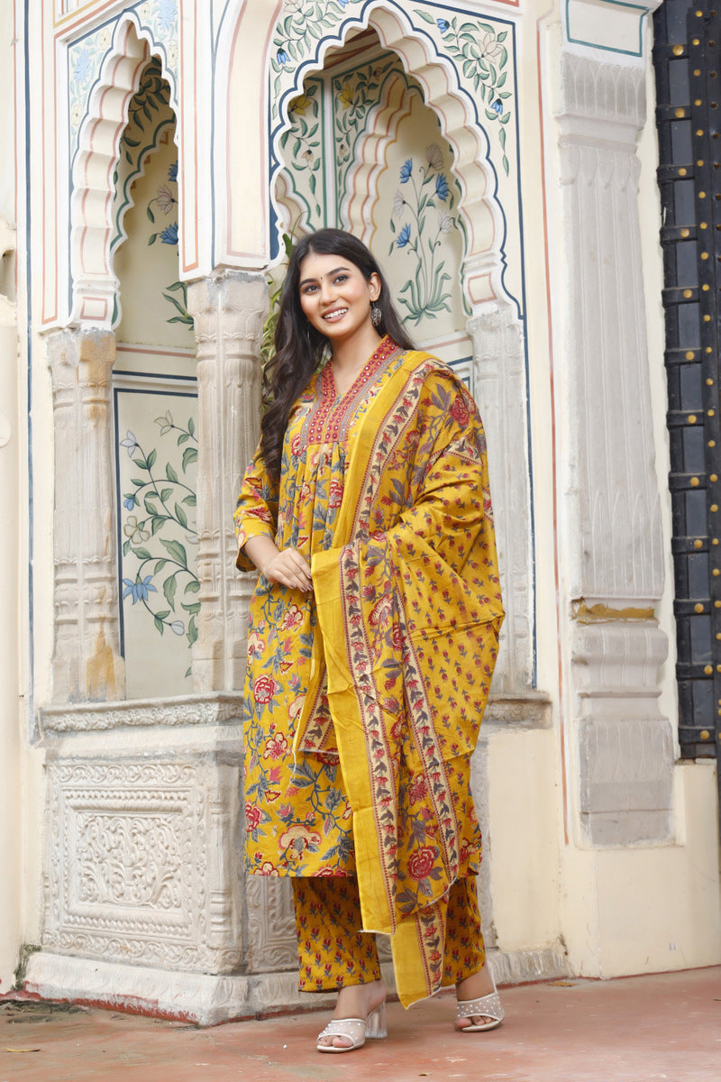 Festive Wear Jaipuri Cotton Suit Set for Women – Kurta, Pant & Dupatta- House Of The Handblock