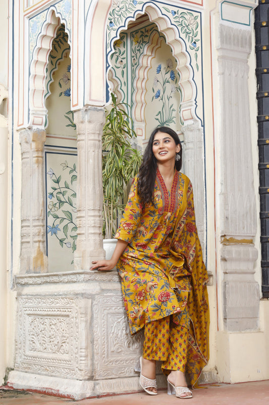 Festive Wear Jaipuri Cotton Suit Set for Women – Kurta, Pant & Dupatta- House Of The Handblock