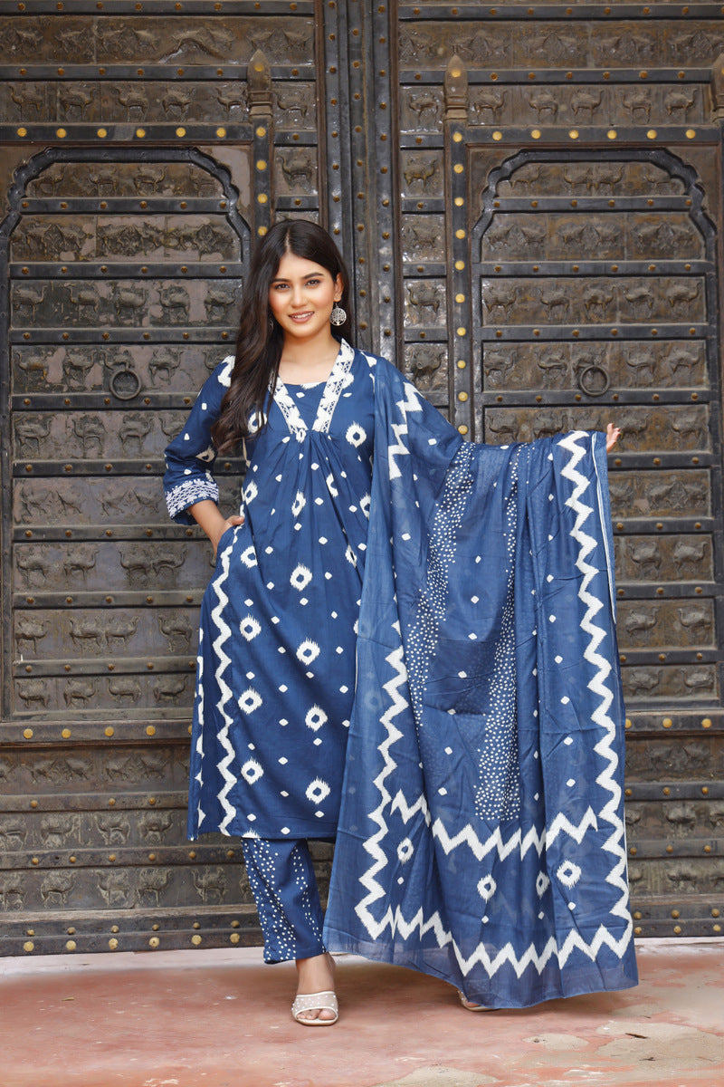 Festive Wear Jaipuri Cotton Suit Set for Women – Kurta, Pant & Dupatta- House Of The Handblock