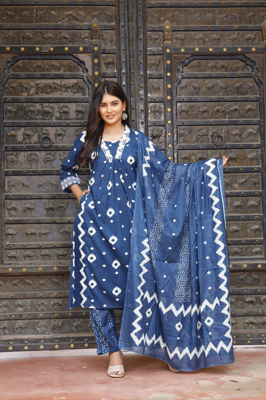 Festive Wear Jaipuri Cotton Suit Set for Women – Kurta, Pant & Dupatta- House Of The Handblock