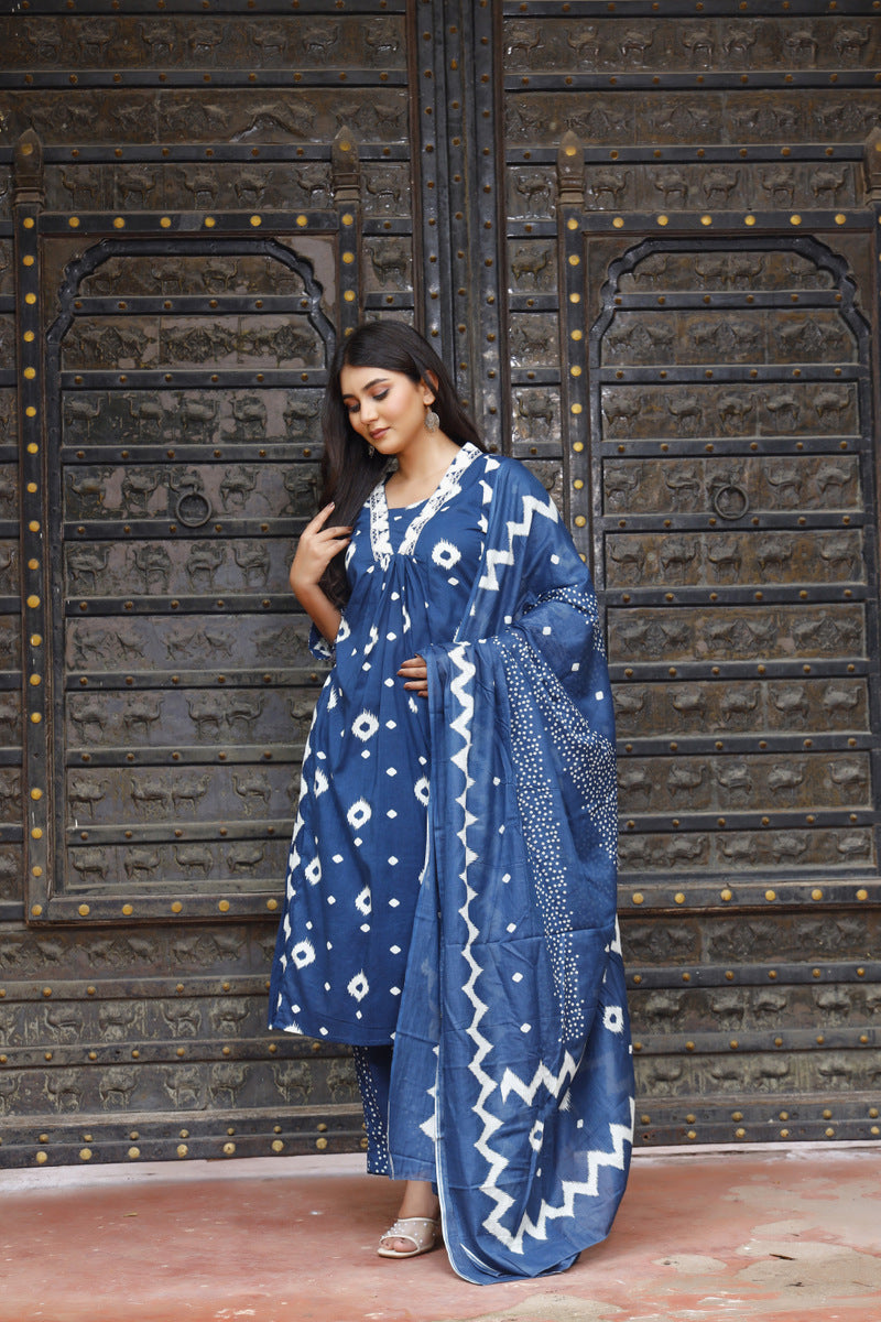 Festive Wear Jaipuri Cotton Suit Set for Women – Kurta, Pant & Dupatta- House Of The Handblock