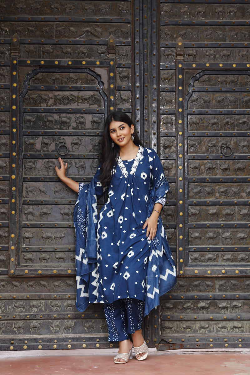 Festive Wear Jaipuri Cotton Suit Set for Women – Kurta, Pant & Dupatta- House Of The Handblock