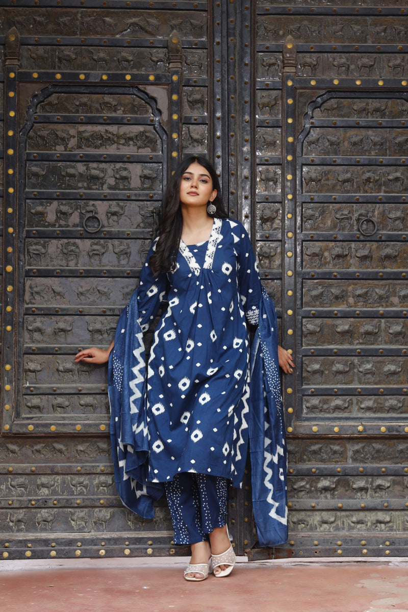 Festive Wear Jaipuri Cotton Suit Set for Women – Kurta, Pant & Dupatta- House Of The Handblock