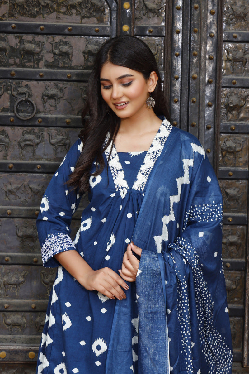 Festive Wear Jaipuri Cotton Suit Set for Women – Kurta, Pant & Dupatta- House Of The Handblock